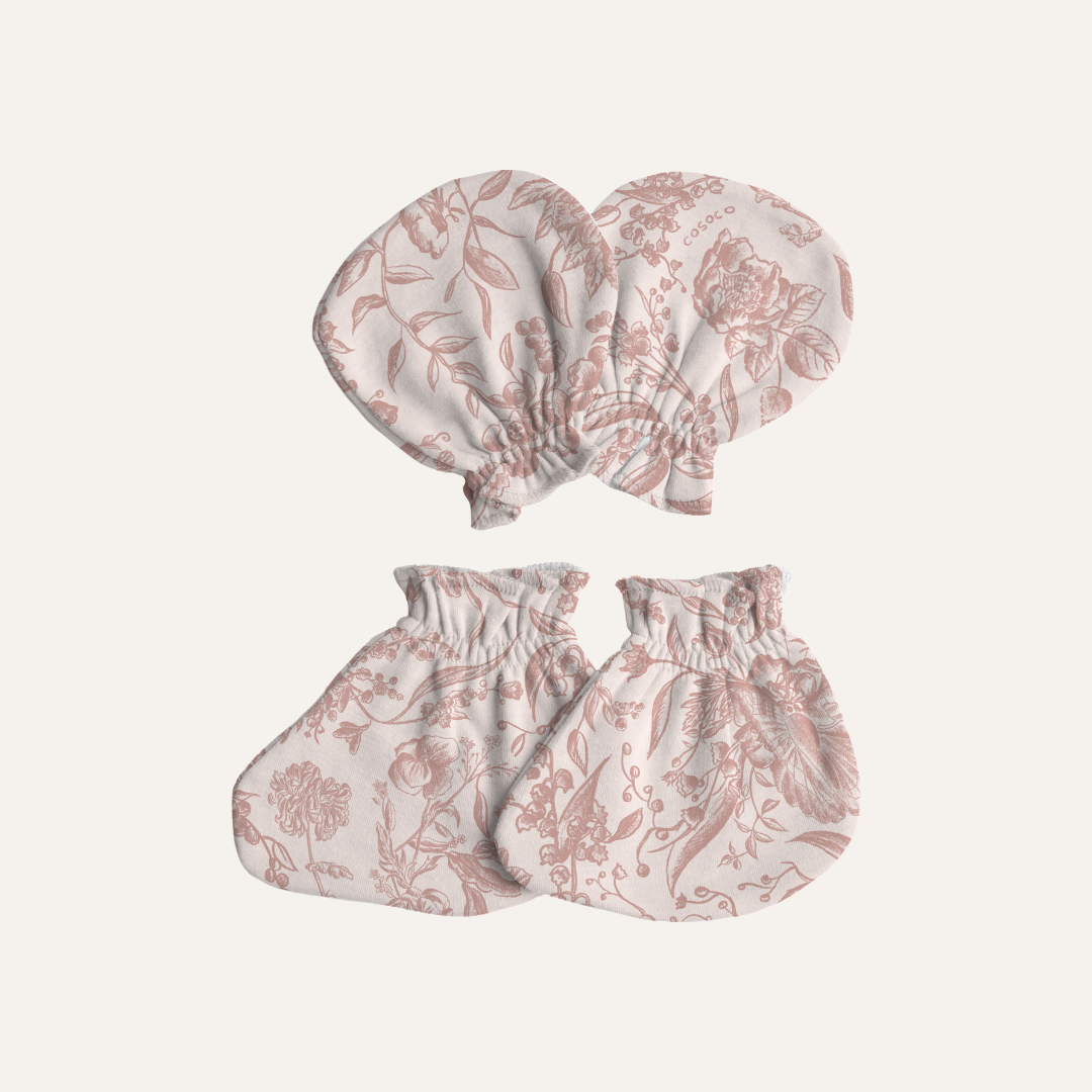 Baby Mittens & Booties Set in Toile De Fleurs