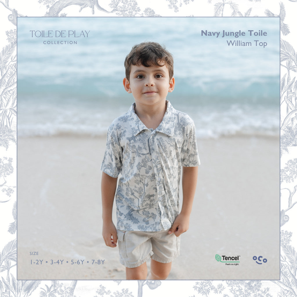 William Button Down Top in Navy Toile