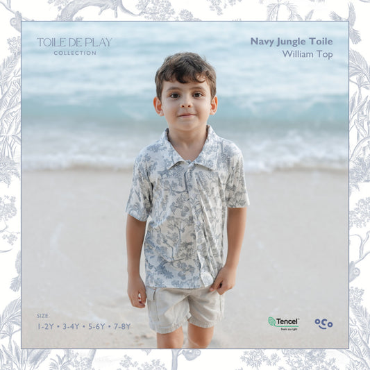 William Button Down Top in Navy Toile