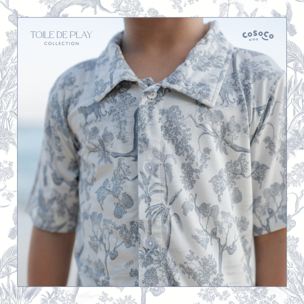 William Button Down Top in Navy Toile